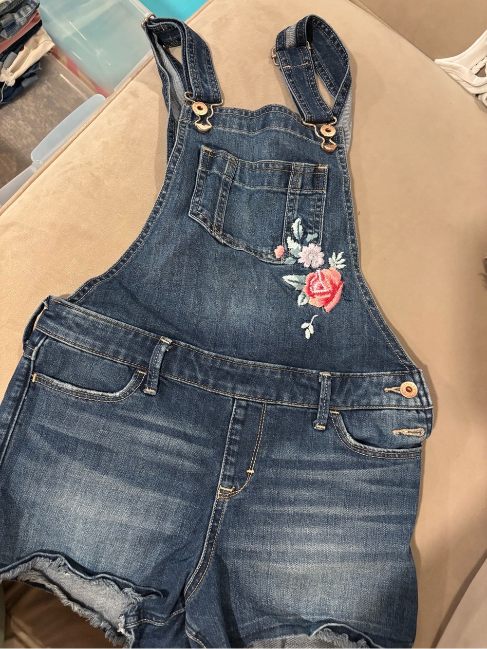 Abercrombie & Fitch Blue Denim Short Overalls with Floral Embroidery